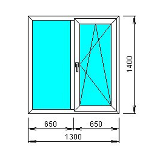 Двухстворчатое окно 1300*1400 профиль 58 — 60 поворотно-откидное, фурнитура Vorne, 2 петли, москитная сетка, правое открывание, уплотнитель