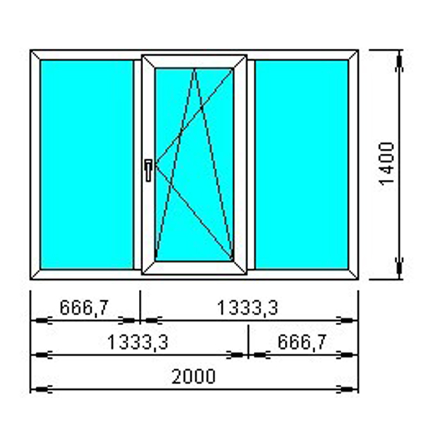 Трехстворчатое окно 2000*140 профиль 58 — 60 поворотно-откидное, фурнитура Vorne, 2 петли, москитная сетка, правое открывание, уплотнитель