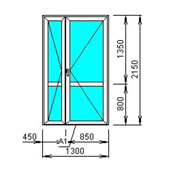 Пластиковая дверь двухстворчатая со стеклом 1600*2150 профиль 58 — 60 замок — многозапорный с защелкой, ключ с 2х сторон, фурнитура Vorne, 3 петли, правое открывание, уплотнитель